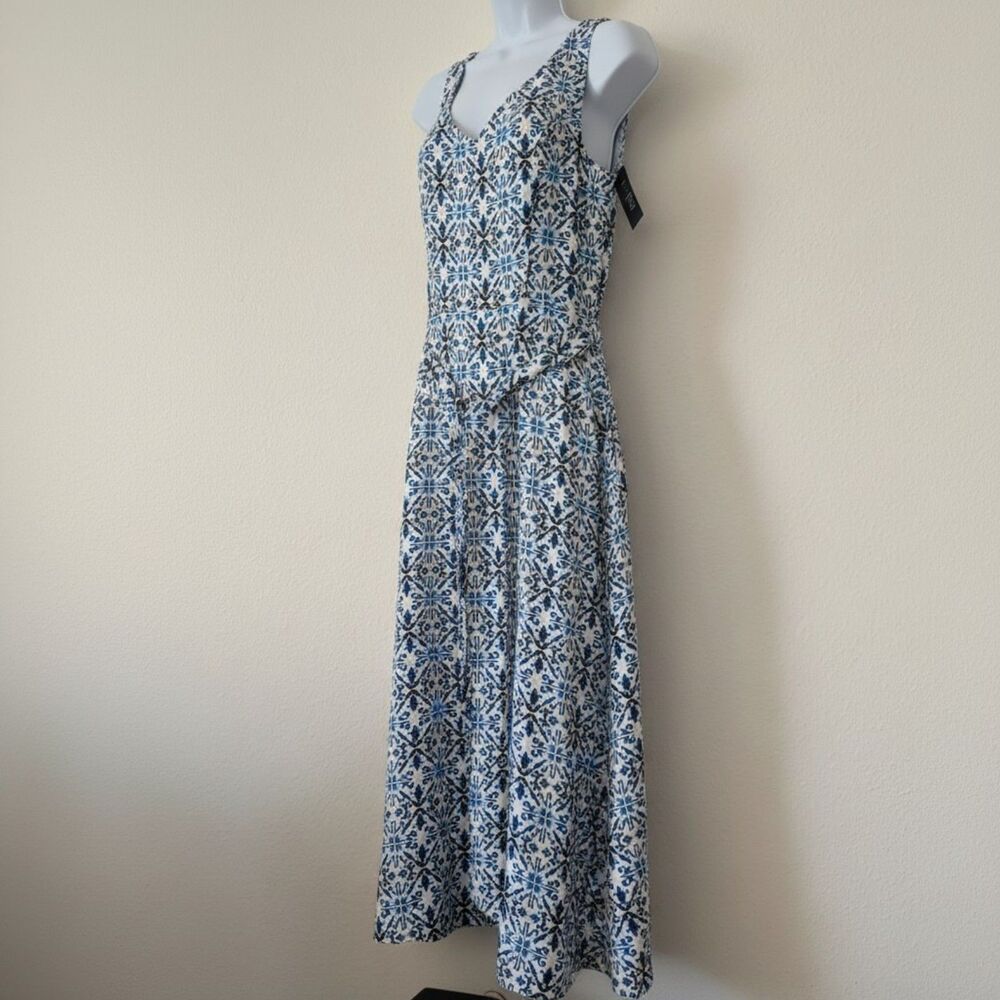 WHBM Outlet Dress 4 NWT Cobalt Blue Graphic Tile Belted V Neck Midi